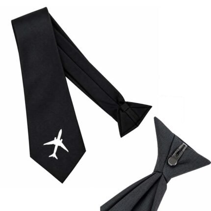 Solid Black Tie with Clip on Neck airplane printed